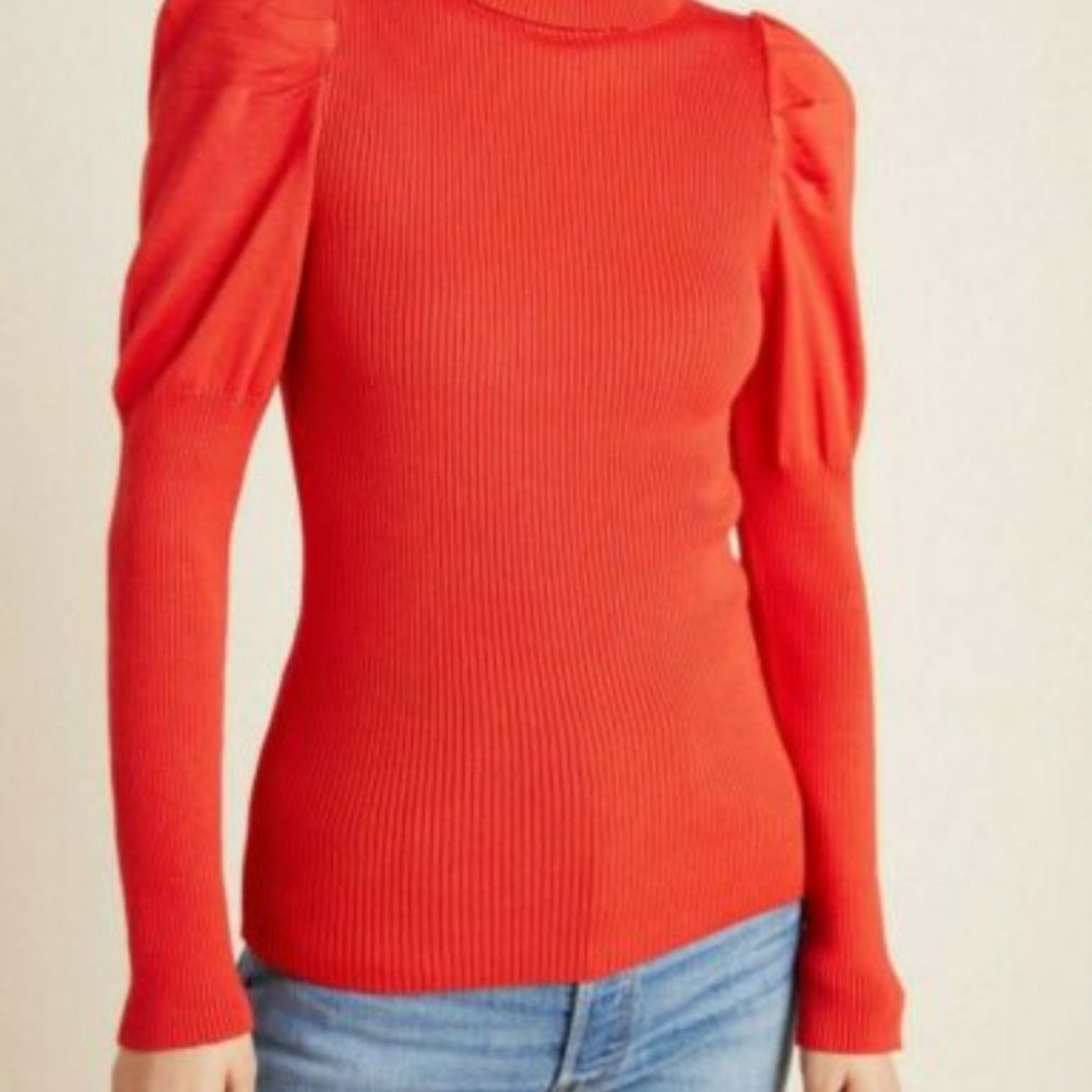 ✨Anthropologie Bright Vibrant Red Puff Sleeve Ribbed Turtleneck Sweater Size XS✨